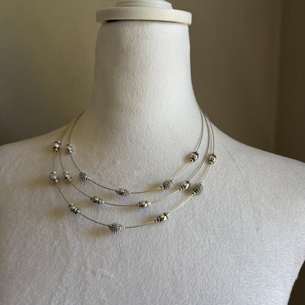 Silver Tone Beaded Necklace Classic Office Girly Simple Modest Rigid